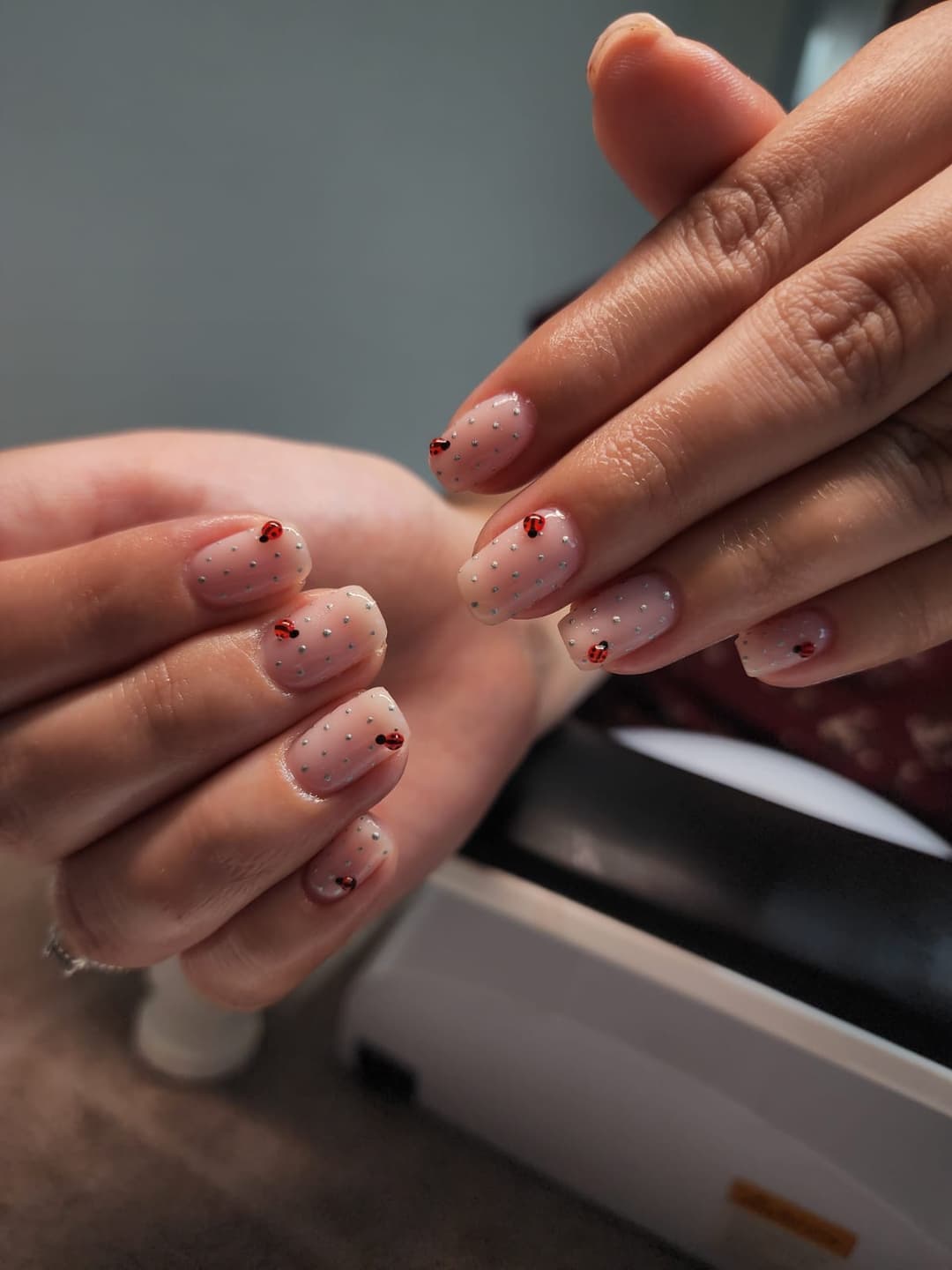 Pink nail art with tiny ladybird accents